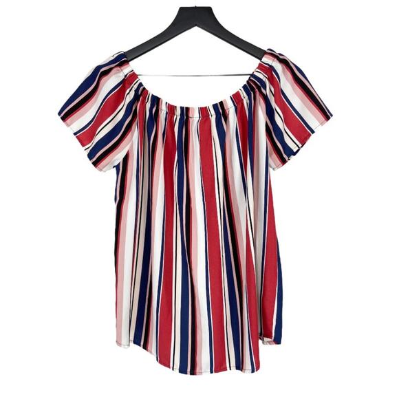 Evereve Allison Joy‎ Medium Blouse Off the Shoulder Striped Top Red Blue White - Picture 4 of 7
